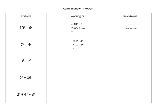 Simple Calculations with Powers + ANSWERS | Teaching Resources