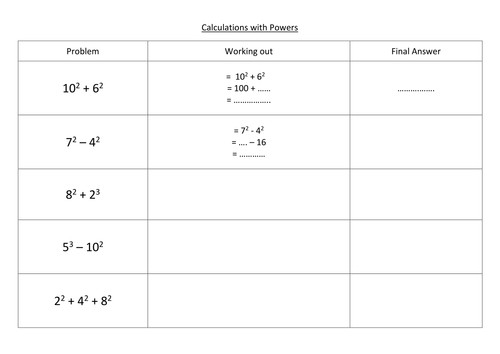 Simple Calculations with Powers + ANSWERS