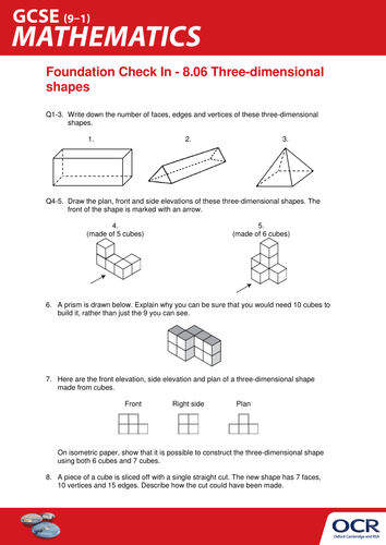 OCR Maths: Foundation GCSE - Check In Test 8.06 Three-dimensional shapes