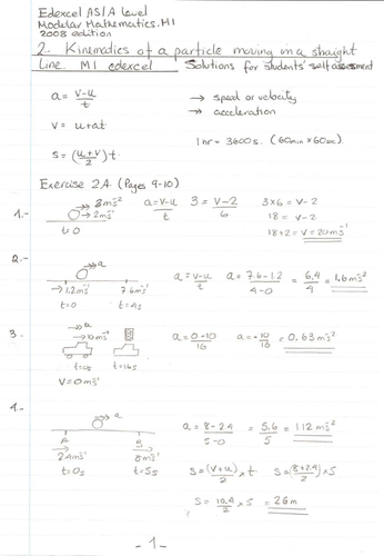 Uniform acceleration Maths /Mechanics model answers  to A level edexcel M1 book , Ex. 2A and 2B.