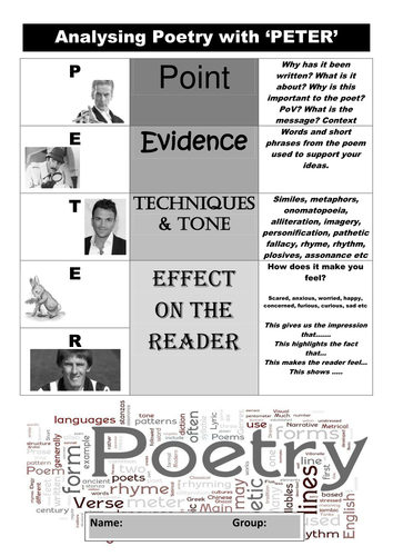 Help Sheet for analysing GCSE poetry (Edexcel) using PETER relationships conflict