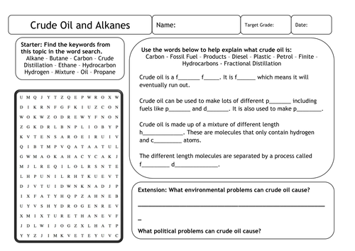 Crude Oil and Alkanes Worksheet