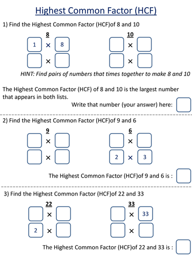 Highest Common Factor - scaffolded worksheet