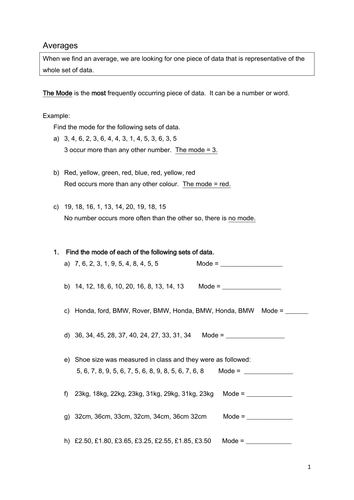 Averages: mode, median, mean | Teaching Resources