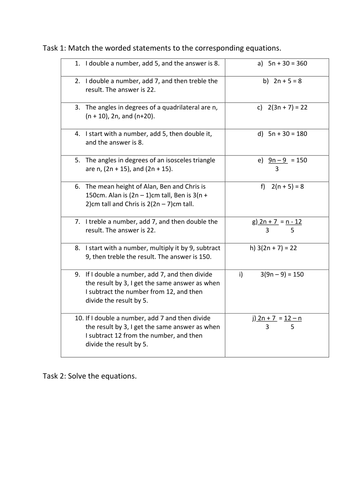 Forming and solving equations: match up activity