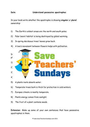 Possessive Apostrophes Lesson Plan and Worksheet