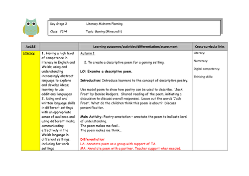 KS2 Literacy Planning Minecraft