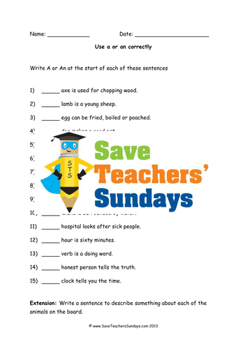 Using A or An Correctly Lesson Plan, Worksheet and Extension | Teaching