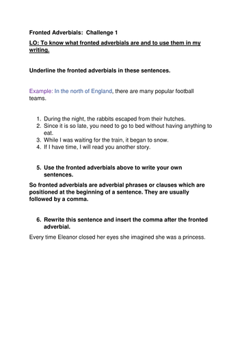 Fronted adverbials - Smart board with differentiated challenges and extension activity