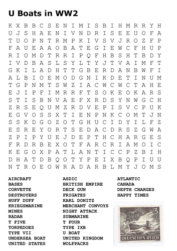 U Boats in World War Two Word Search