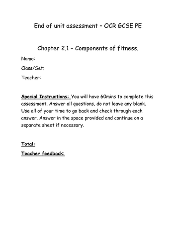 Chapter 2.1 Components of fitness assessment and mark scheme for OCR GCSE PE 2016 spec