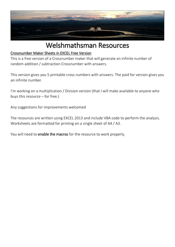 Welshmathsman Resources CrossNumber Maker in EXCEL FREE VERSION