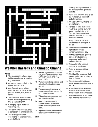 Edexcel  A GCSE 2016   Geography,  Weather Hazards and Climate Change whole topic crossword