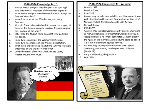 AQA Democracy and Nazism Year 1 Knowledge Tests - 1918-1933