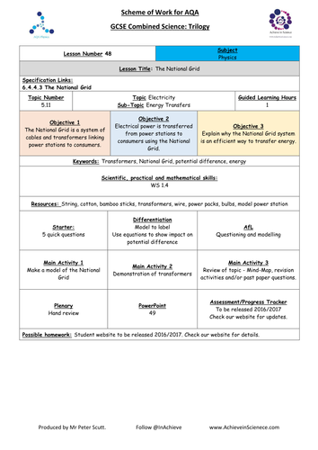 NEW L49 The National Grid - Physics Combined Science Trilogy (AQA) – Paper 1 (2016)
