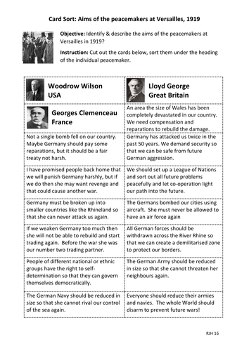 Card Sort: What were the aims of the peacemakers at Versailles in 1919?