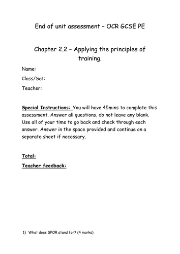 Chapter 2.2 Applying the principles of training assessment and mark scheme OCR GCSE PE 2016 spec