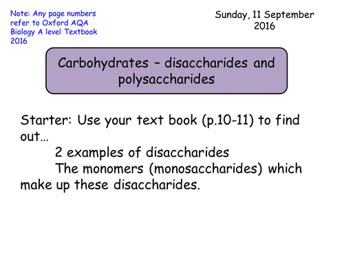 Section 1. Biological molecules. 1.3 Carbohydrates - disaccharides and polysacchar Year 12 Biology