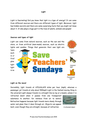 Light - Physics KS2 Lesson Plan, Information Text and Worksheet