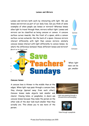 Lenses and Mirrors KS2 Lesson Plan, Information Text  and Venn Diagram