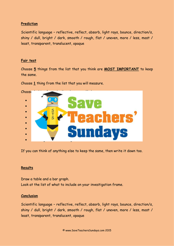 Investigation on Reflective Materials  KS2 Lesson Plan, Bar Graph Frame and Worksheet