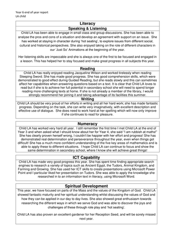 End of Year 6 Report for LA child. | Teaching Resources