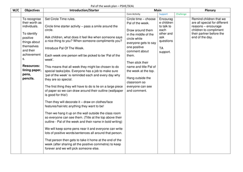 First morning with new class PP and PSHE lesson plan for Pal of the Week