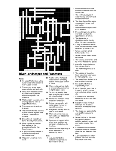 Edexcel A GCSE 2016 Geography, River landscapes and Processes whole topic crossword