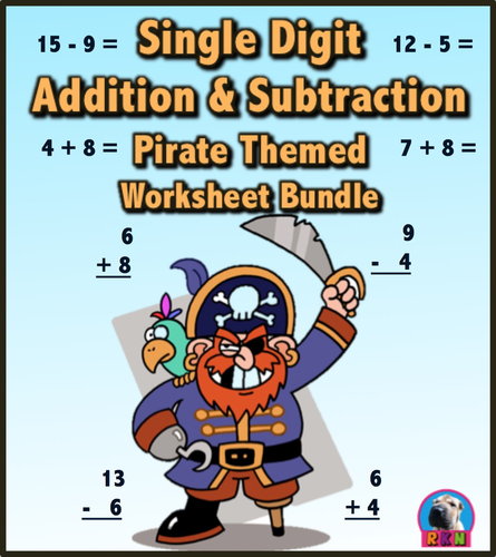 Single Digit Addition and Subtraction Worksheet Bundle - Pirates (60 Pages)