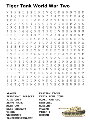 Tiger Tank World War Two Word Search