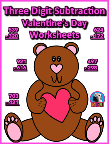 Three Digit Subtraction Worksheets - Valentine's Day Themed - Vertical