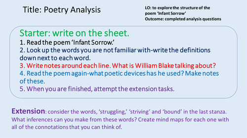 Unseen Poetry Analysis Lesson: Infant Sorrow