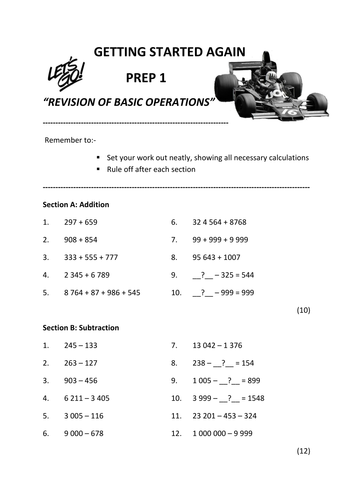 Basic Operations Prep / Classwork Worksheet Years 5 - 7