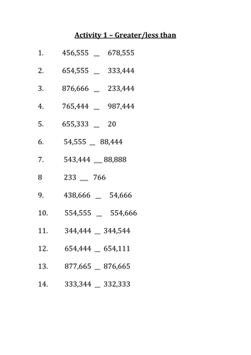 Greater less than MASTERY worksheet