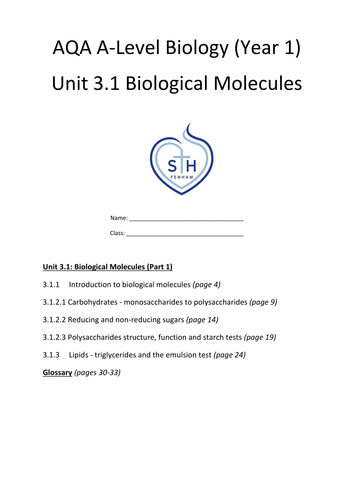 2015 AQA A-level Biology Unit 3.1.1-3.1.3 - Carbohydrates and Lipids Workbook
