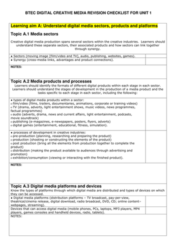 BTEC Digital Creative Media Unit 1 revision checklist