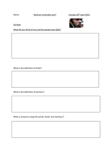 WAR POETRY- Shall we remember what war is- lesson and worksheet