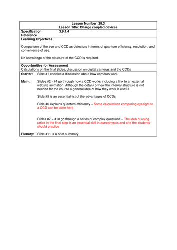 A-Level Physics Astrophysics - CCDs Charge coupled devices (PowerPoint and Lesson Plan)