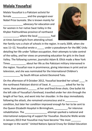 Malala Yousafzai Cloze Activity