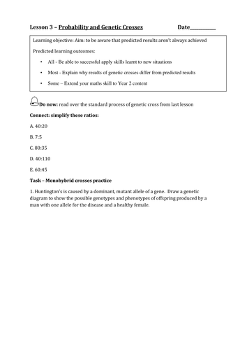 AQA New Specification A-Level Year 2 Chapter 3.1.7 Inherited Change Lesson 3 – Probability and Genet