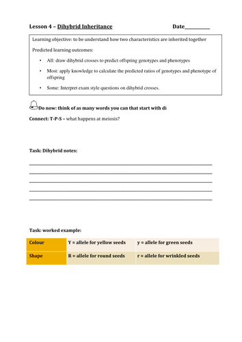 AQA New Specification A-Level Year 2 Chapter 3.1.7 Inherited Change Lesson 4 – Dihybrid Crosses