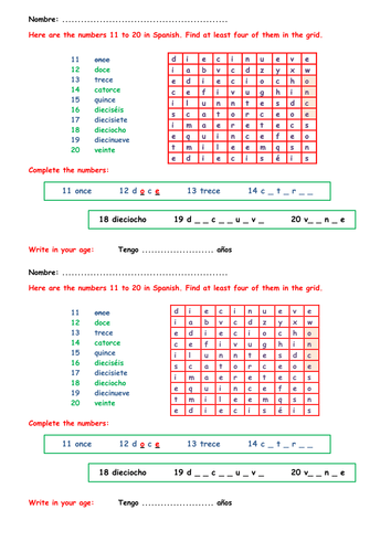KS3 Spanish starter - numbers 11 to 20