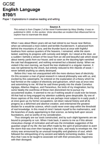 Frankenstein AQA Language Paper 1 style questions