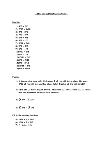 Adding and subtracting fractions worksheets (Year 6)