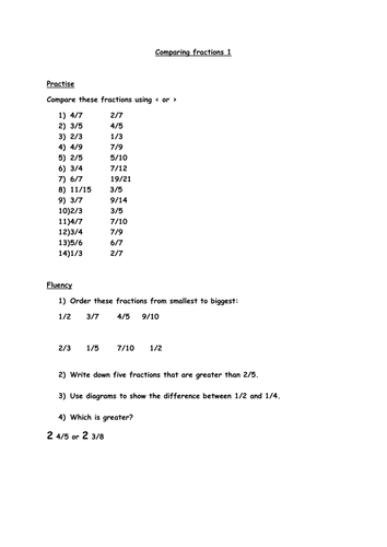 Comparing fractions worksheets (Year 6)