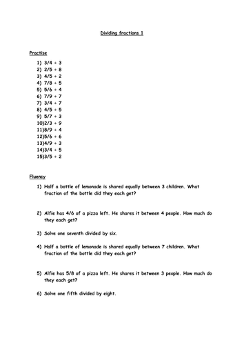 Dividing fractions by whole numbers worksheets (Year 6)