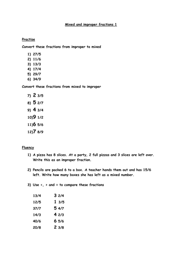 mixed and improper fractions worksheets year 6