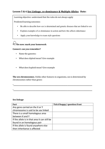 AQA New Specification A-Level Year 2 Chapter 3.1.7 Inherited Change Lesson 5 and 6 – Sex Linkage, co
