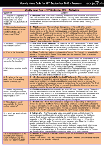 Weekly News Quiz - 19th September 2016 | Teaching Resources