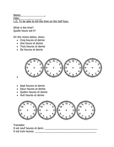 French telling the time worksheet half an hour